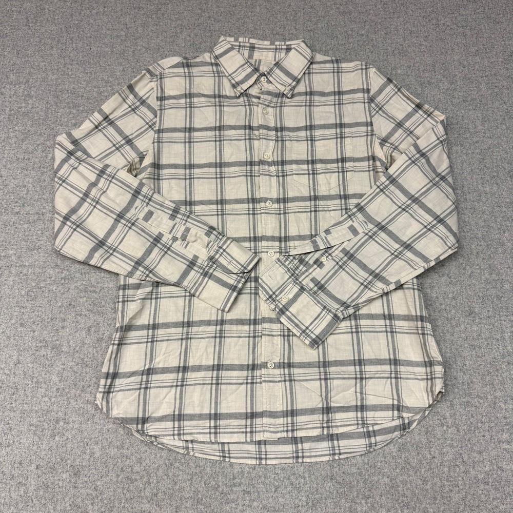 Club Monaco Button Down Shirt Medium M Cream Grey Plaid Classic Fit Cotton 1476